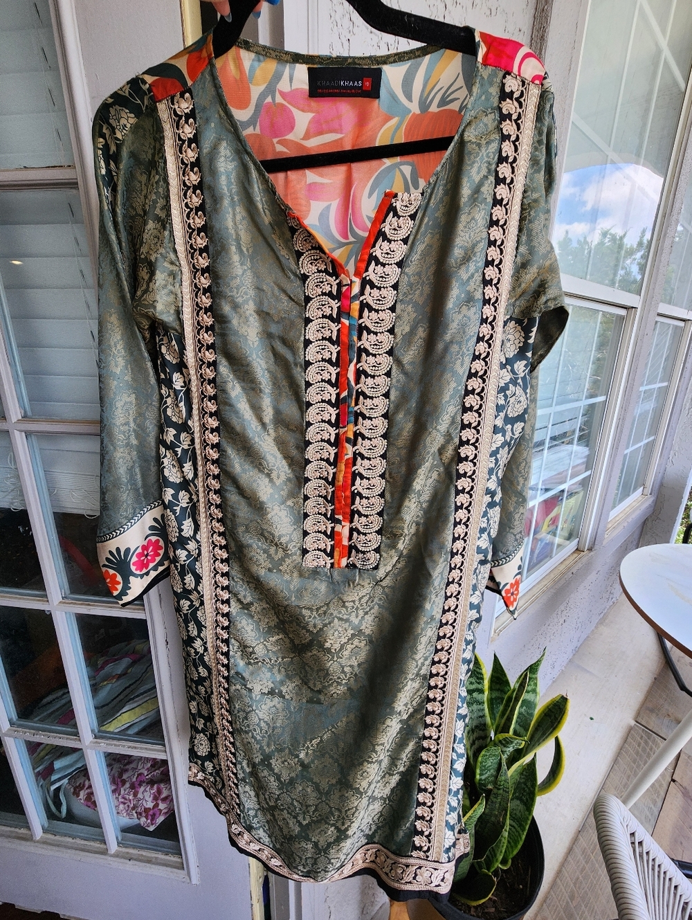 Khaadi Khaas Kaftan Silk Blend Green Floral-Trim Women's Tunic Dress B12